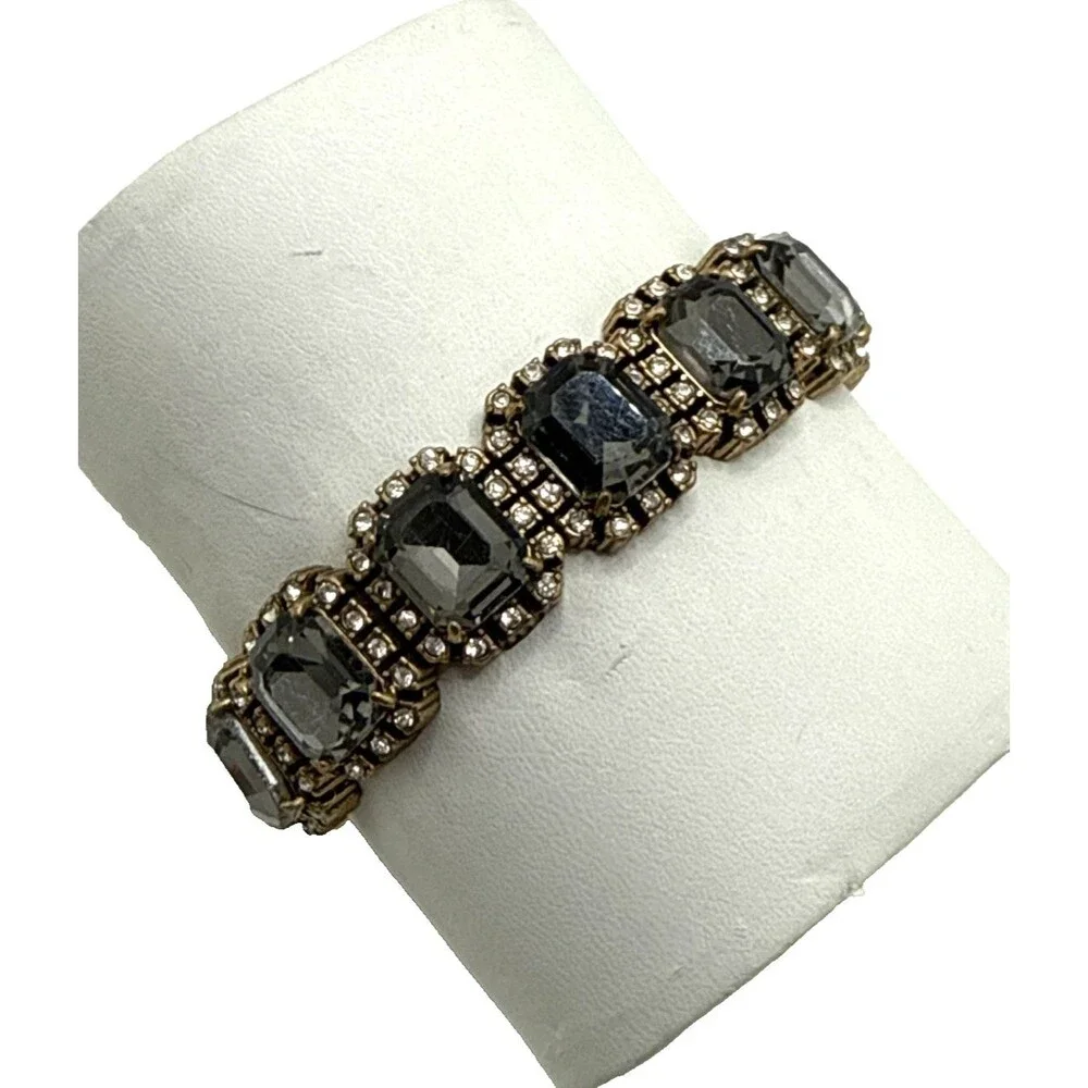 J CREW CRYSTAL BORDERS Bracelet Smoky Gray Clear Rhinestone Ornate Stretch Cuff